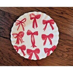 Red Ribbon Bows on White Salad Fluted Edge Plates 8.5" Ceramic Set of 4 NEW